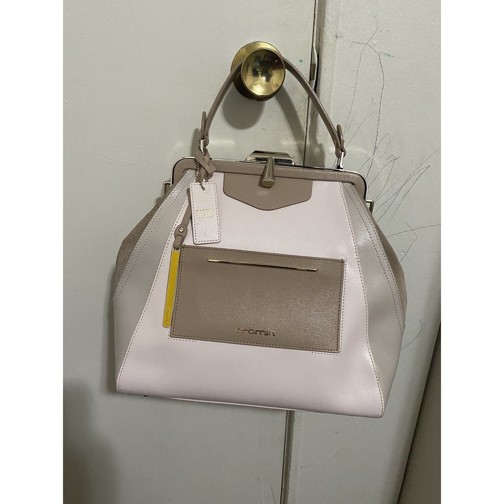 Cromia Colorblock Suede Textured Leather Shoulder Bag Gold Satchel Brown Medium
